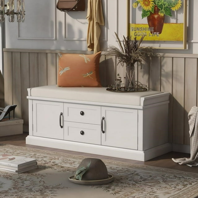 Solid Wood Storage Bench with Removable Cushion for Multi-Purpose Storage|42.5''L x 15.9''W x 17.5''H