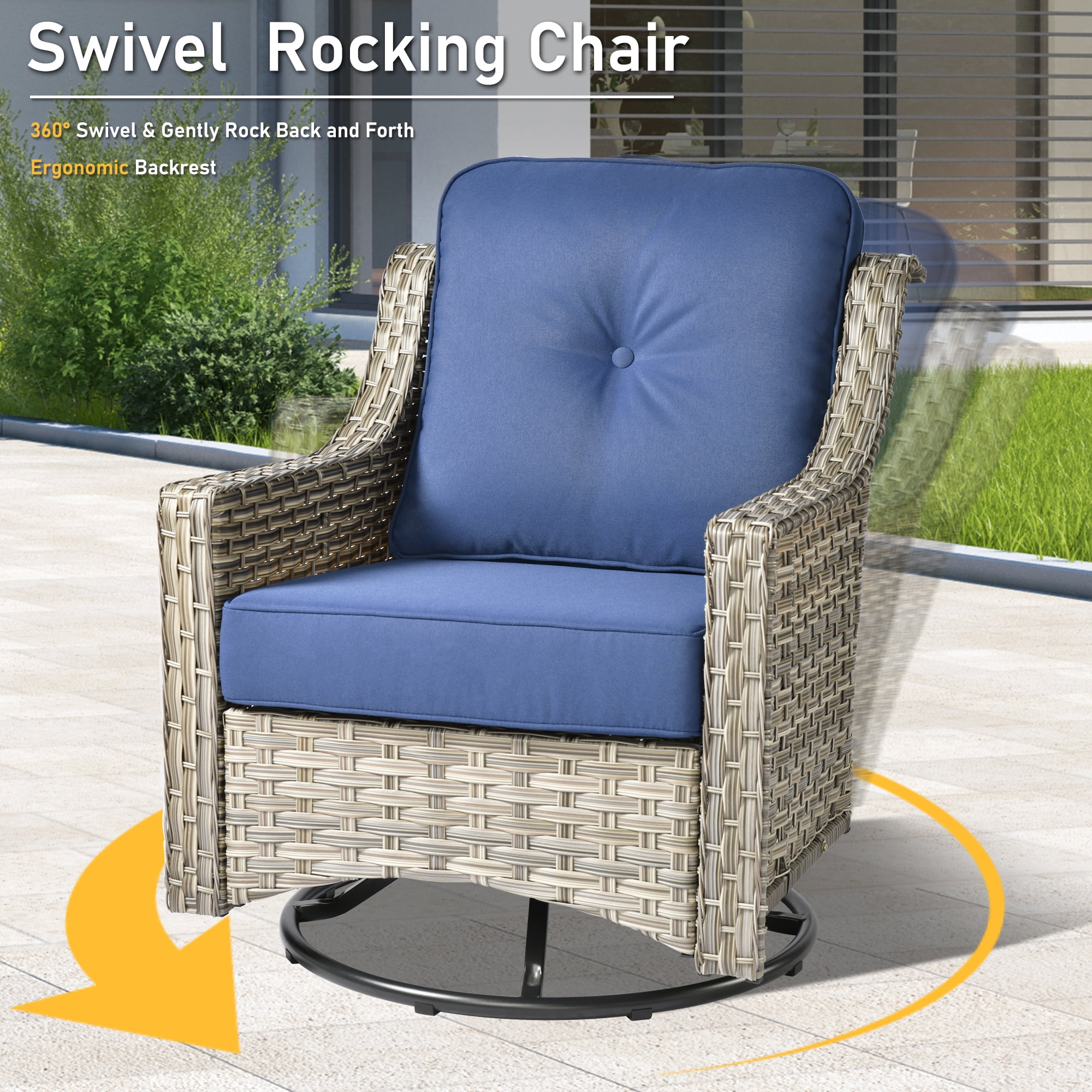 XIZZI Outdoor Furniture Patio Furniture Set 5 Piece Patio Conversation Set with Solar Coffee Table,Swivel Rocking Chair,Side Table-Blue
