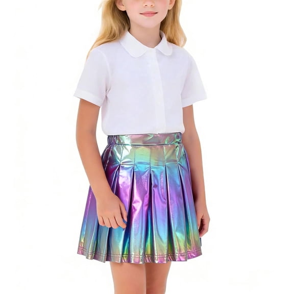 Girls Holographic Skirt Pleated Rainbow Iridescent Tutu for Party Dance Recital, Elastic Waist Machine Washable, Sizes 4-16 Years,Size 8-9T