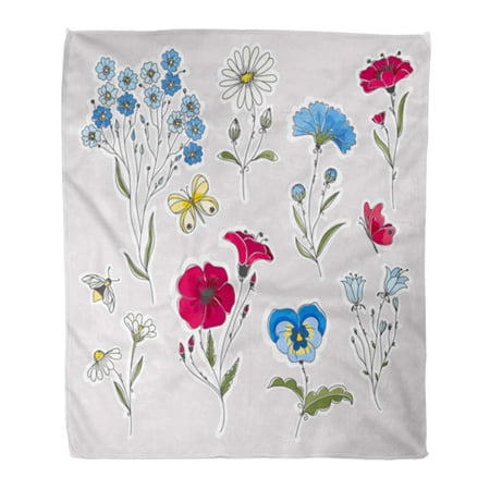 SIDONKU Throw Blanket Warm Cozy Print Flannel Watercolor Butterfly Wild Flowers Drawing Leaves and Insects Green Drawn Comfortable Soft for Bed Sofa and Couch 50x60 Inches