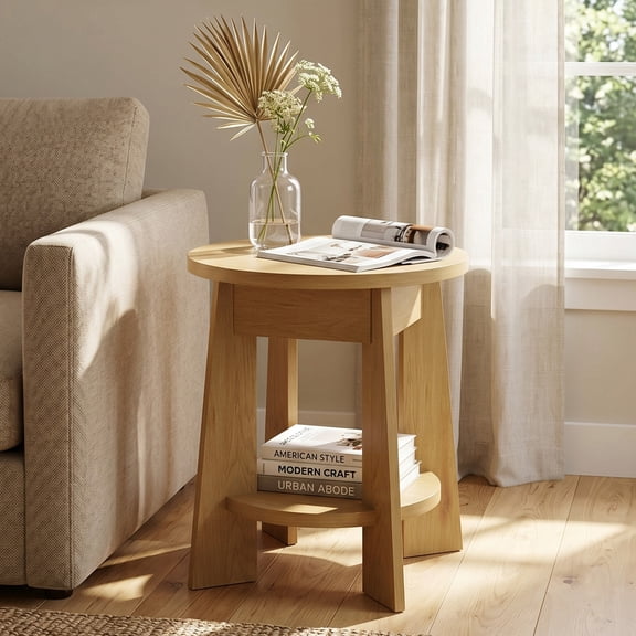 Round End Tables Living Room, 2-Tier Wood Side Table with Storage, Farmhouse Nightstand Bedside Table with Round Tabletop for Living Room Bedroom Small Space (1, Oak)