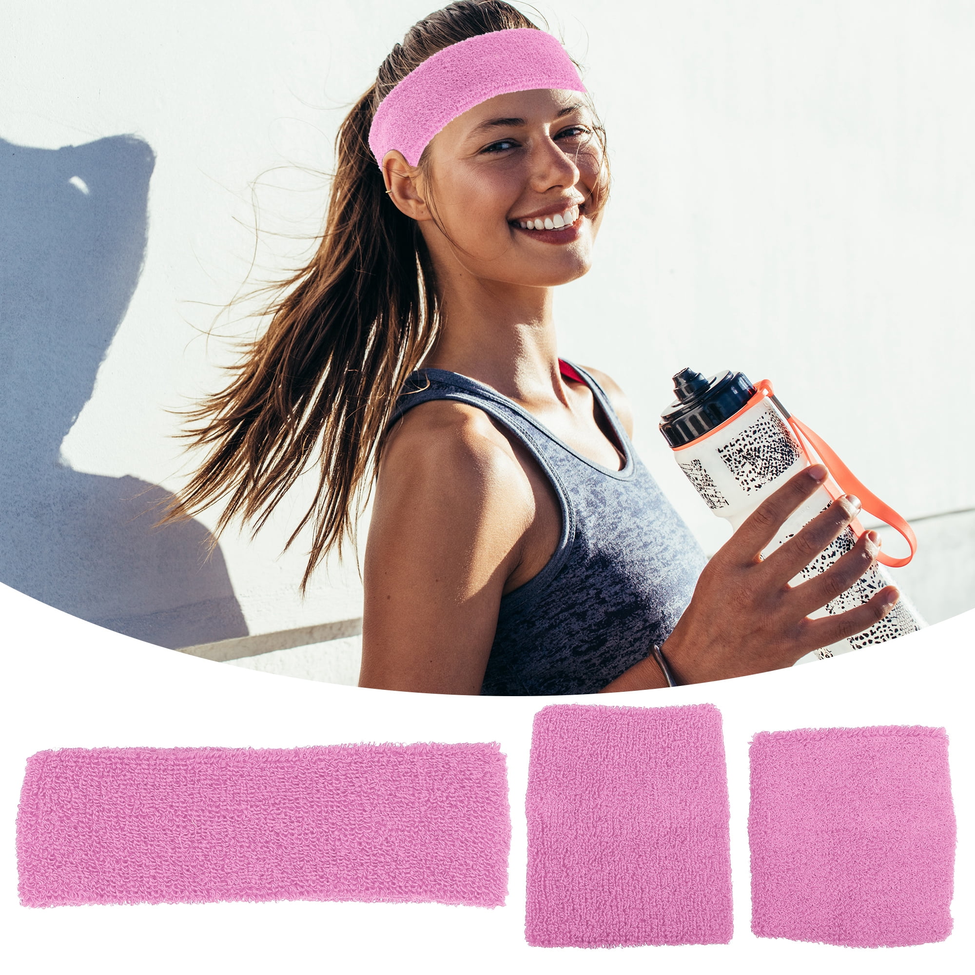 Unique Bargains 3 Pcs Sport Headband Wristband Sweatband Cotton Blend Pink