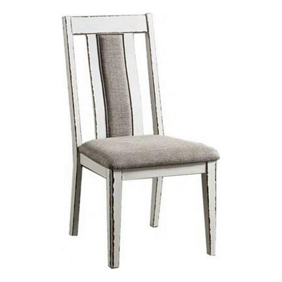 24 Inch Dining Side Chair Set of 2- Rustic White Wood- Gray Fabric Seat