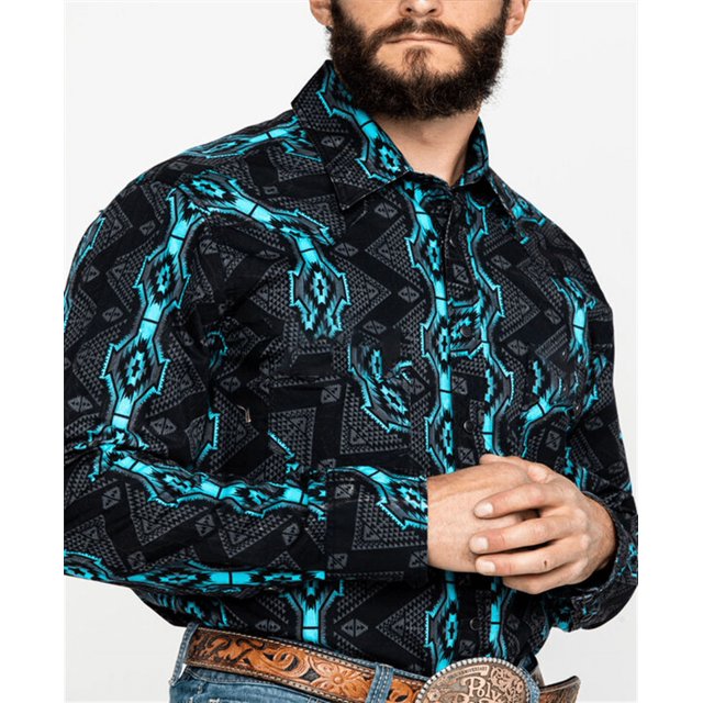 Camisa tribal occidental de mezclilla para hombre, informal, para fiestas al aire libre, patrón HD, botones, suave, cómoda, camisa de solapa, camiseta de manga larga