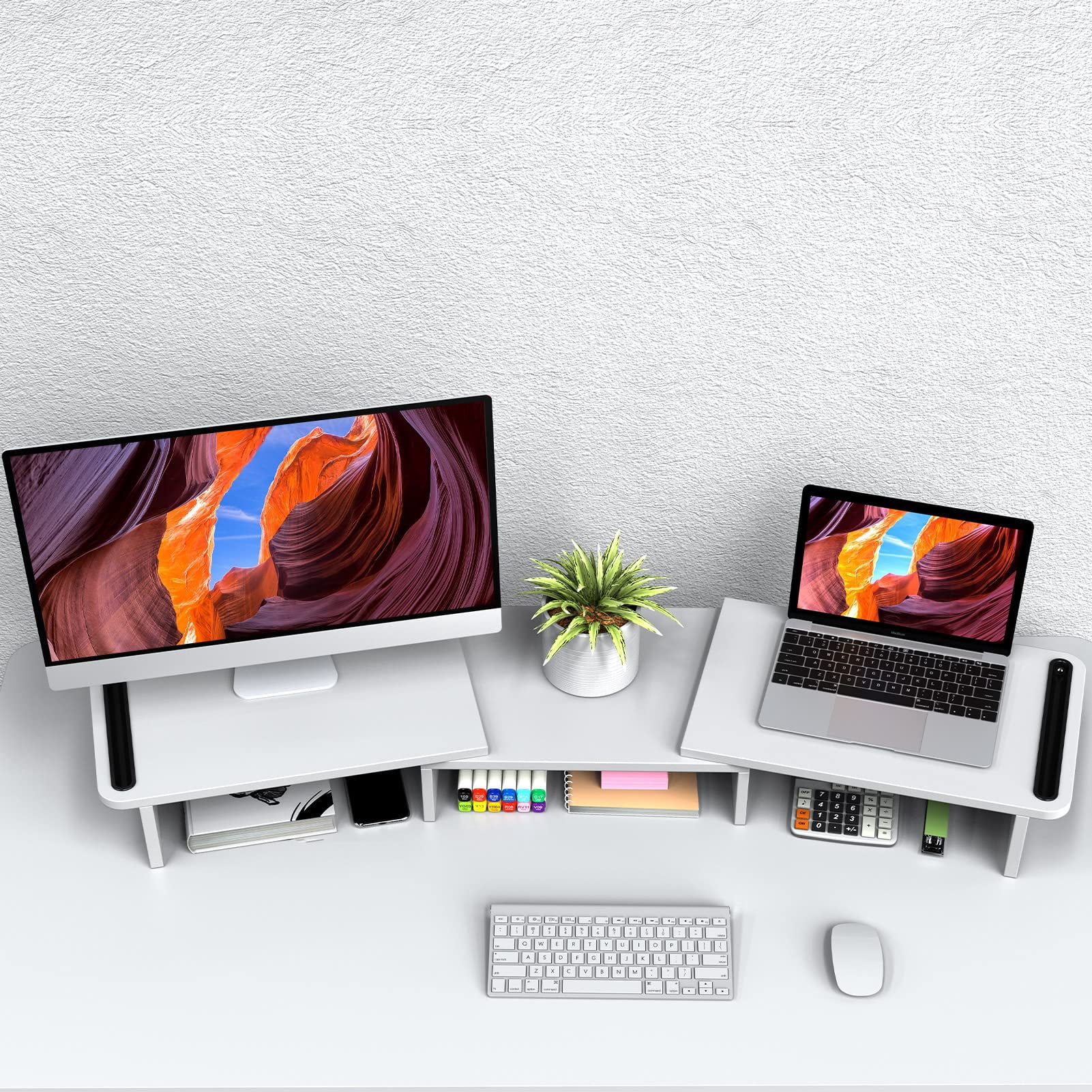 Dual Monitor Stand Riser  With Adjustable Length And Angle Wood For Desk 2 Monitors Storage Space