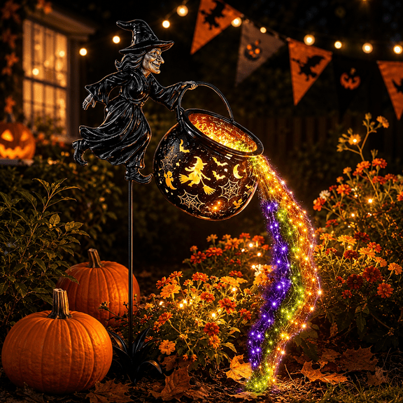 Halloween Cauldron Garden Light, 3D Resin Witch Cauldron Solar Yard Stake with Warm LED, Outdoor Halloween Decor for Garden Pathway Porch Patio