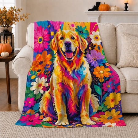 Joyful Golden Retriever Dog Colorful Flowers Dreamy Blue Dramatic Pet Portrait Pattern Warm Flannel Blanket for Living Room and Reading Nook Dog Lovers Friendship Gift Pet Lover Home Decor