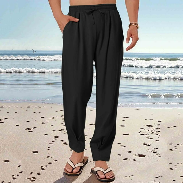 Men's Casual Linen-Look Polyester Drawstring Waist Pants with Pockets for Daily Wear