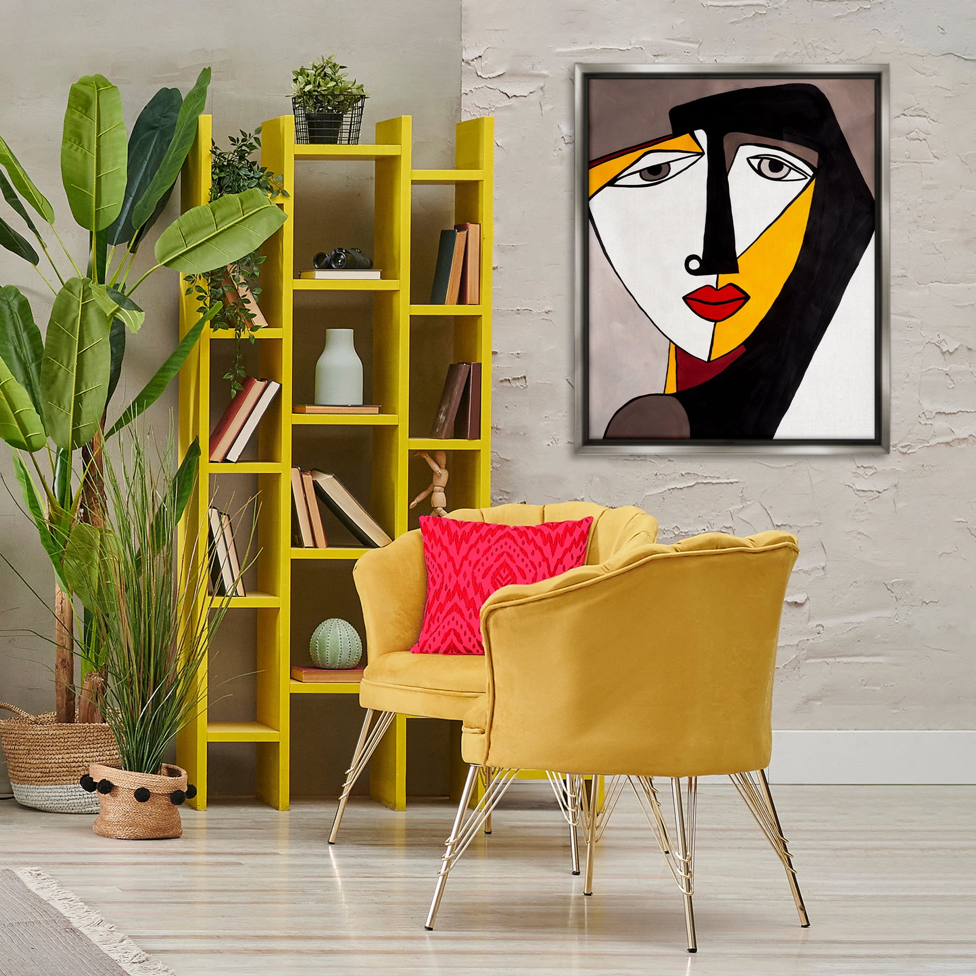 Stupell Industries Cubism Female Face People Painting Gray Floater Framed Canvas Art Print Wall Art, 25 x 31