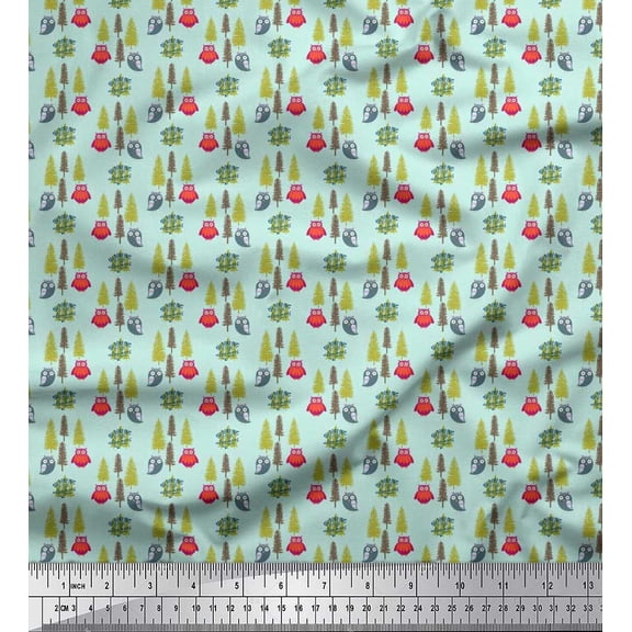 Soimoi Silk Fabric Text,Tree & Owl Cartoon Print Sewing Fabric Yard 42 Inch Wide