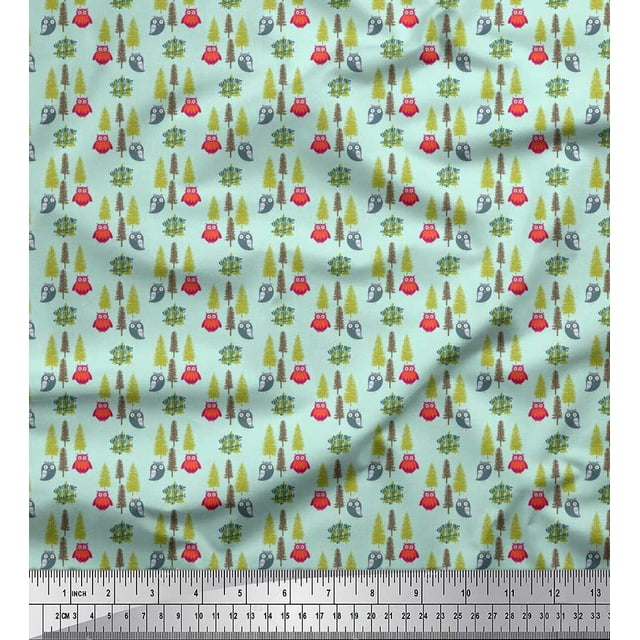 Soimoi Polyester Crepe Fabric Text,Tree & Owl Cartoon Print Fabric by The Yard 42 Inch Wide