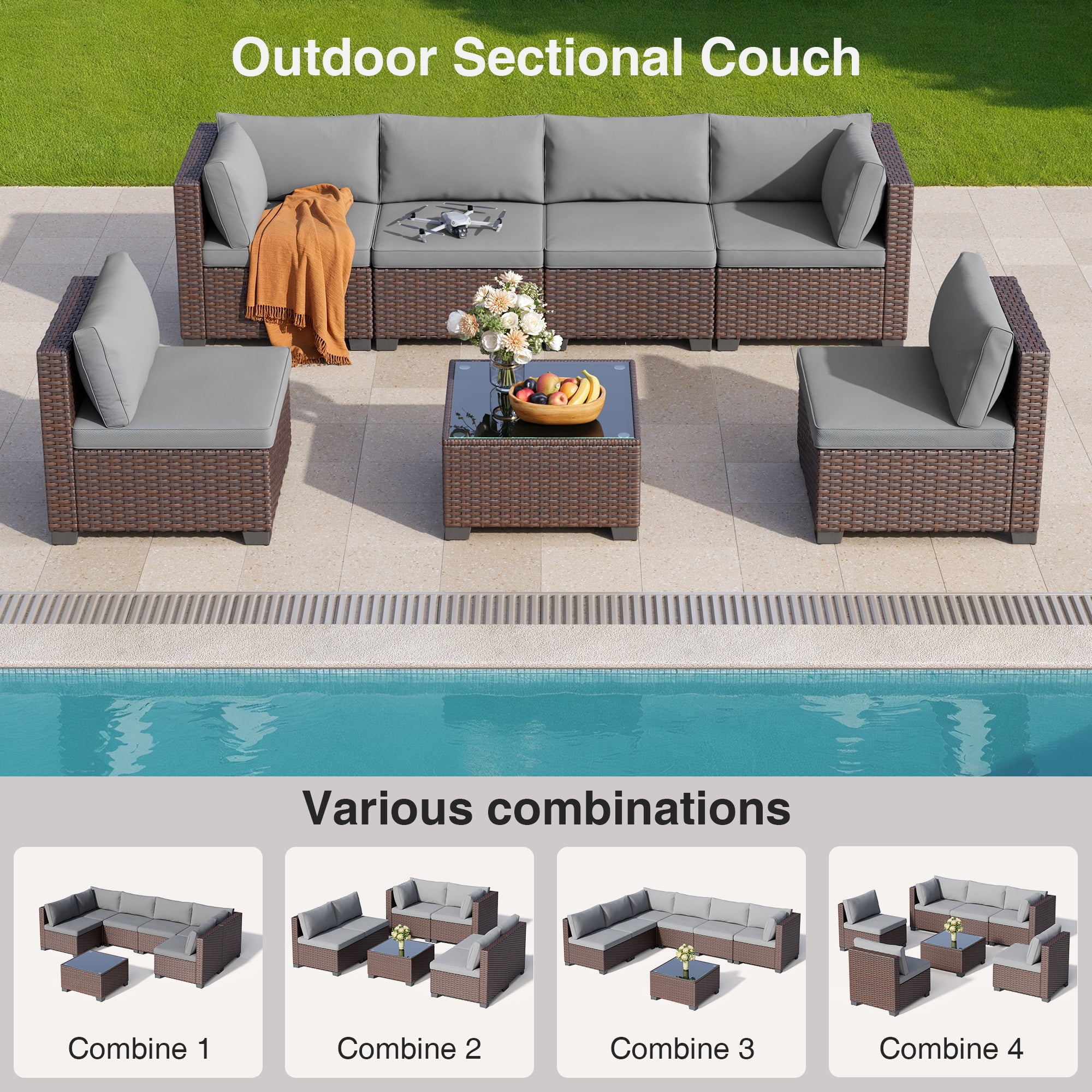 Asofer 7 Pieces Outdoor Patio Furniture Set,PE Rattan Outdoor Wicker Conversation Sofa Set with Upgraded Feet and Glass Coffee Table,for Greenhouse,Balcony,Porch,Garden,Gray