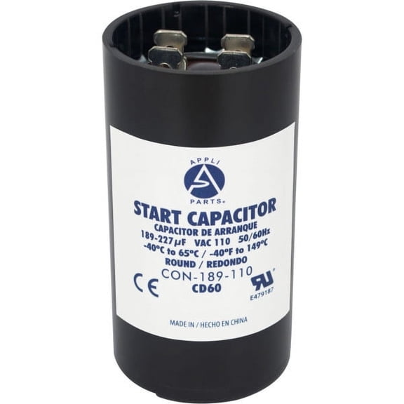 Appli Parts motor start capacitor 189-227 Mfd (microfarads) uF 110-125 VAC universal fit for electric motor applications 1-7/16 in Diameter 2-3/4 in Height CON-189-110