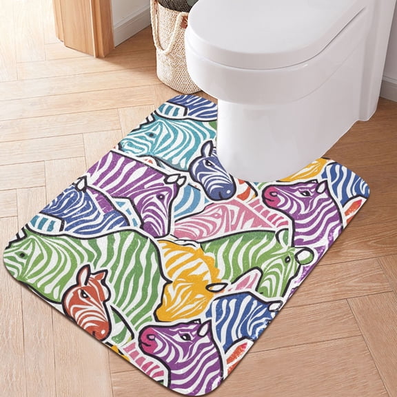 Toilet Rug U-Shaped Bathroom Rugs Non-Slip Soft Plush Machine Washable Contour Bath Mat Colorful Zebra Stripe Animals 24x20