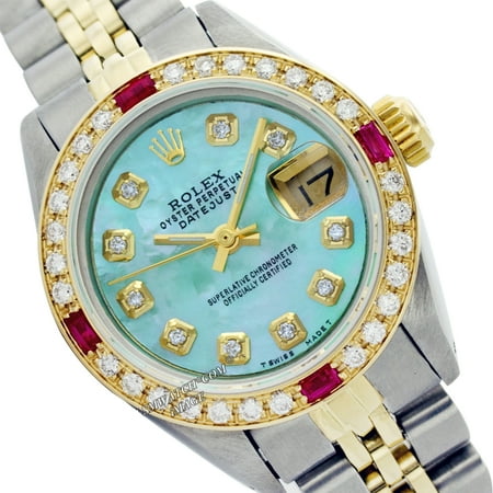 Pearl Tone Dial - Pre-Owned Rolex Ladies Datejust Blue Mother of Pearl Diamond Dial & Bezel Two Tone 26mm