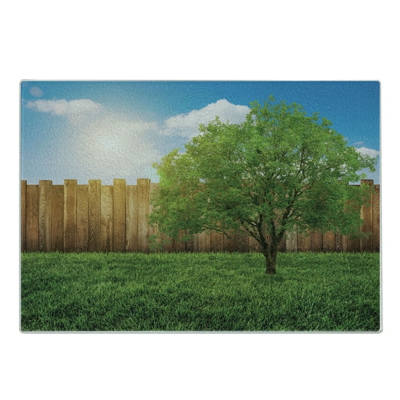 Farmland Cutting Board, Tree of Life in Backyard of a Countryhouse with Sun Tranquil Field Design Art, Decorative Tempered Glass Cutting and Serving Board, Small Size, Green Blue, by Ambesonne