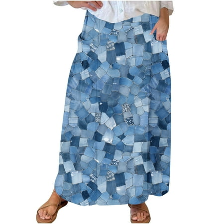 Mrat High Waisted Swim Skirt Women s Casual Retro Floral Skirts Linen Elastic Waist Pleated Maxi Skirt with Pockets Plus Size Skirts S-286 Light Blue M