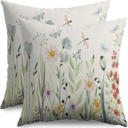 

Sage Green Spring Floral Pillow Covers 16x16 Set of 2 Watercolor Leaf Flower Butterfly Dragonfly Print Decorative Throw Pillow Cases Outdoor Summer Farmhouse Decor for Sofa Couch Bed