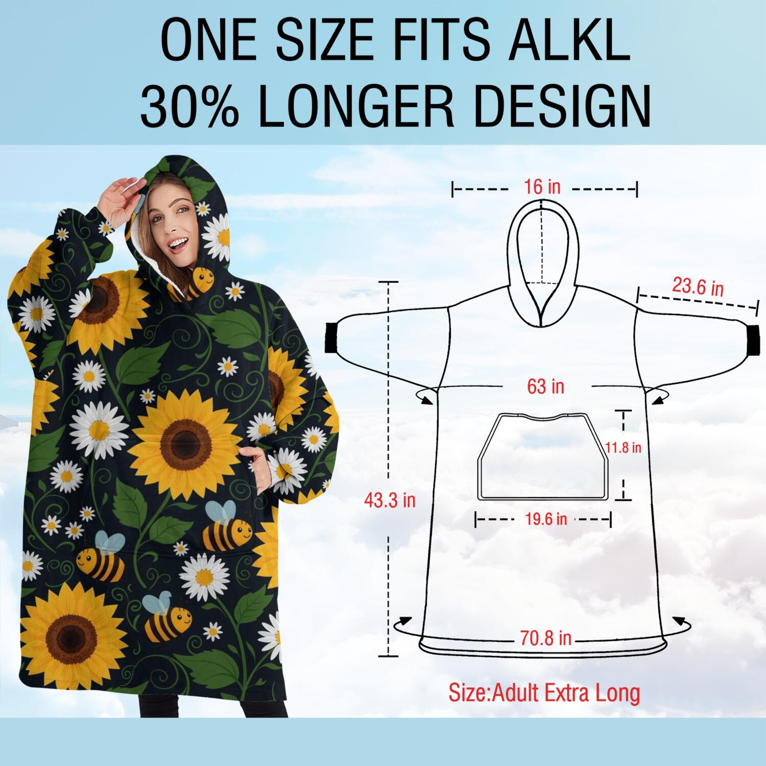 Oversized Wearable Blanket Hoodie,DarkBlue Sunflower Bee Pattern Sherpa Blanket Hoodie with Super Pockets,Super Warm Fuzzy Pullover for Women & Men