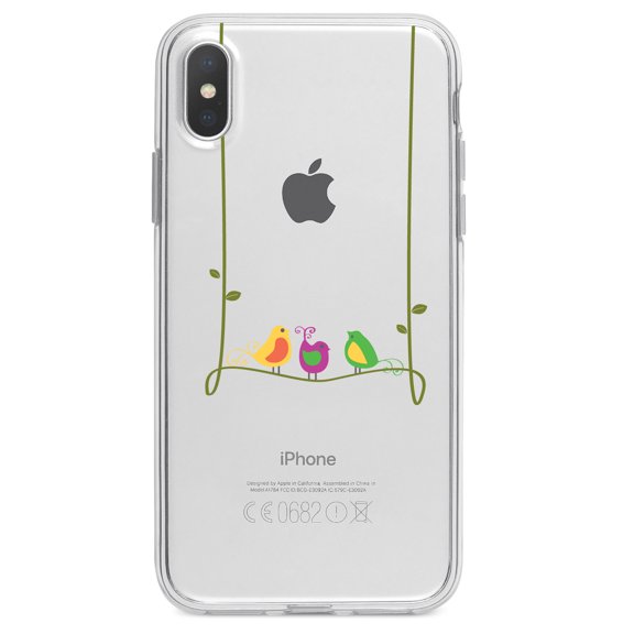 DistinctInk Clear Shockproof Hybrid Case for iPhone XR (6.1" Screen) - TPU Bumper Acrylic Back Tempered Glass Screen Protector - Colorful Birds Cartoon on a Vine