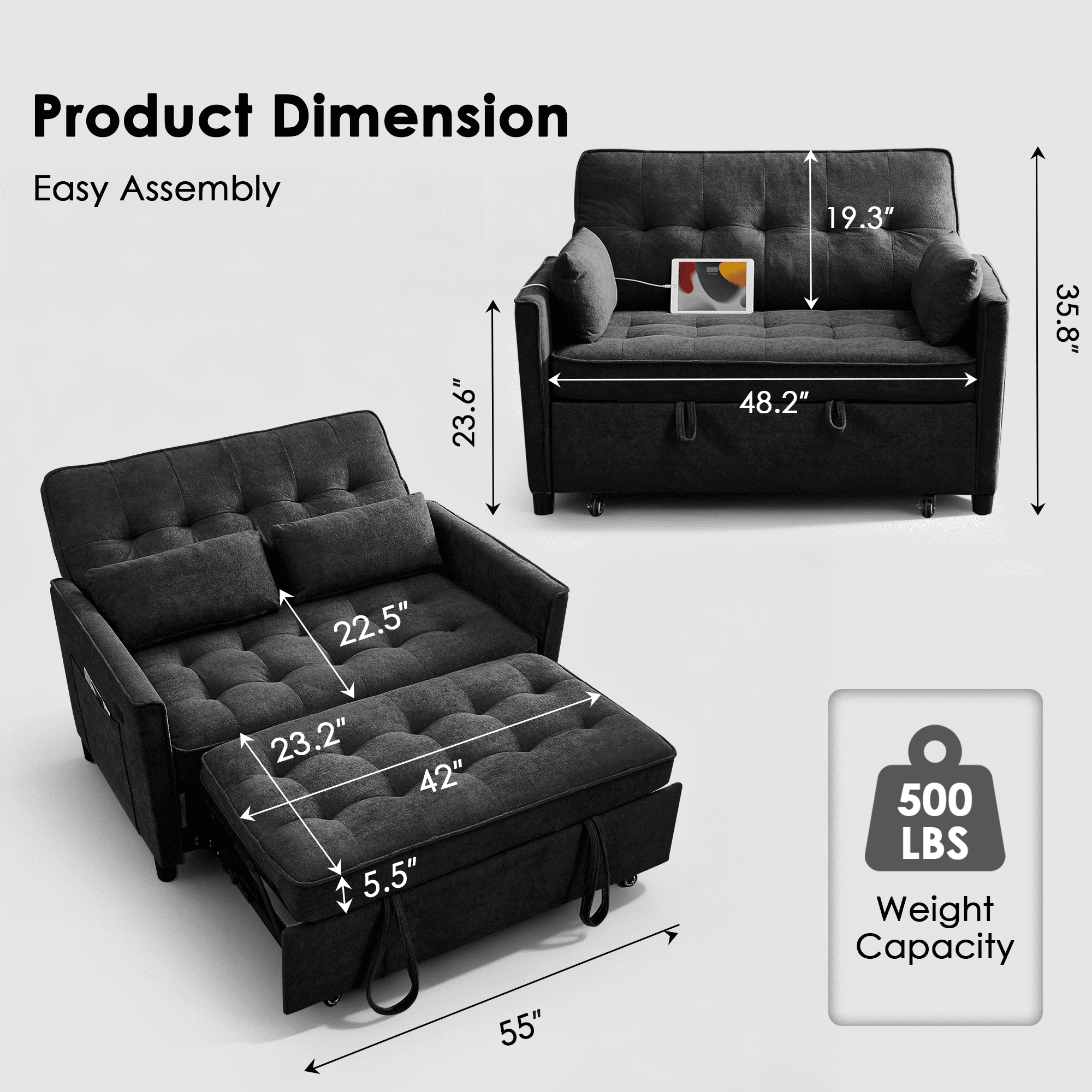 Howcool 55" Convertible Sofa Bed 3-in-1 Pull Out Sleeper Loveseat Couch with Adjustable Backrest, USB Ports, Side Pockets, Easy Assembly for RV Apartment Living Room(Black)
