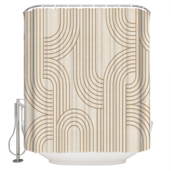 Beige Stripes Bathroom Shower Curtains with 12 Hooks Polyester Waterproof Shower Curtain for Stalls and Bathtubs Vintage Minimalist Abstract Lines Decorative Bathroom Privacy Curtain 66x72 Inches
