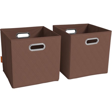 12 inch brown foldable patterned faux leather storage cube bins set of two with handles for living room, bedroom and office storage