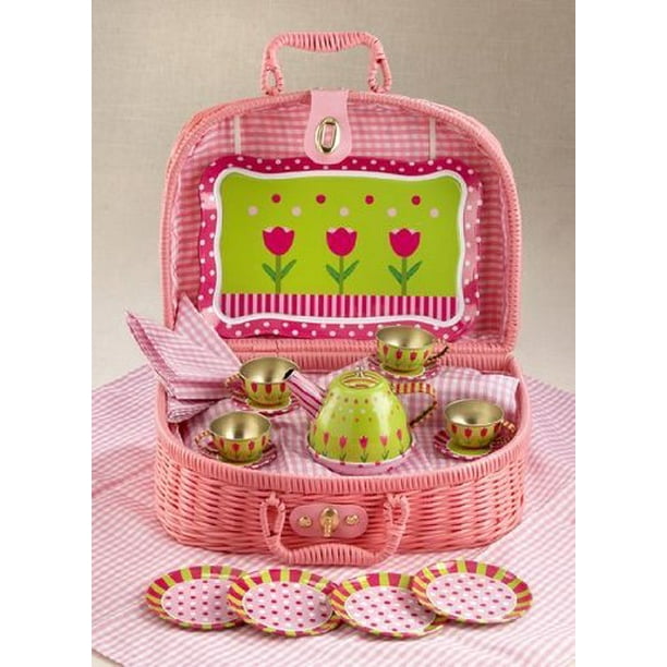 Delton Products Tulips Tin Tea Set in Basket, 4", Pink