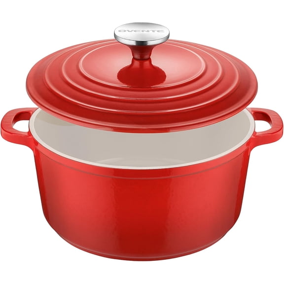 OVENTE 4.6 Qt Red Dutch Oven, Non-Stick Aluminum Pot with Lid, Oven Safe, All Stovetops, Braise & Bake Red
