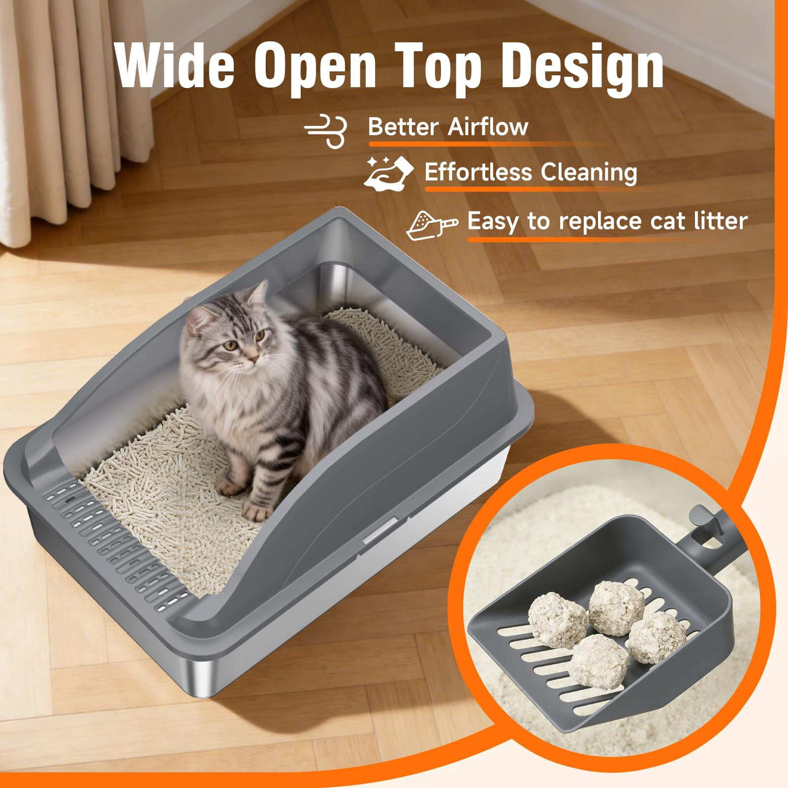 2PACK Stainless Steel Cat Litter Boxes, Large Metal Litter Box with High Sides Lid, Odor Free Litter Pan Include Scoop Easy Cleaning Anti-Scratch Kitty Cat Box Anti-Urine Leakage, Non-Sticky