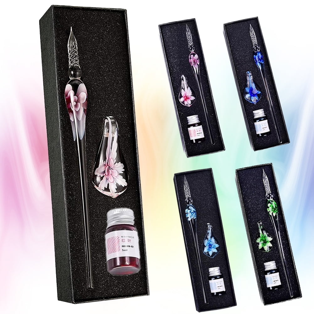 Decoration Signatures Gift for Kids and Artist Calligraphy Glass Dipped Pen Ink Set Writing Fountain Pen Set Gift Crystal Starry Sky Glass Dip Pen with Ink-for Art Writing