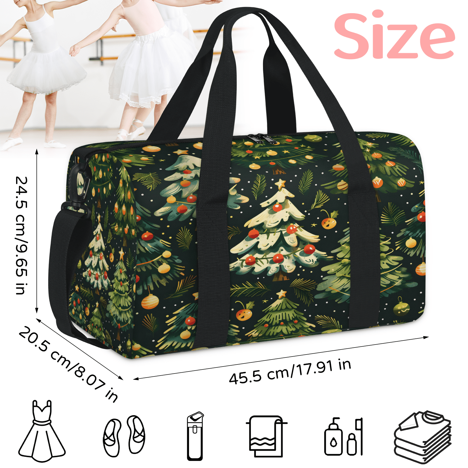 Herdesigns Merry Christmas Travel Duffle Bag Sports Yoga Weekender Overnight Carry on Workout Bags Lightweight Waterproof Gym Tote Bag for Women Christmas Tree