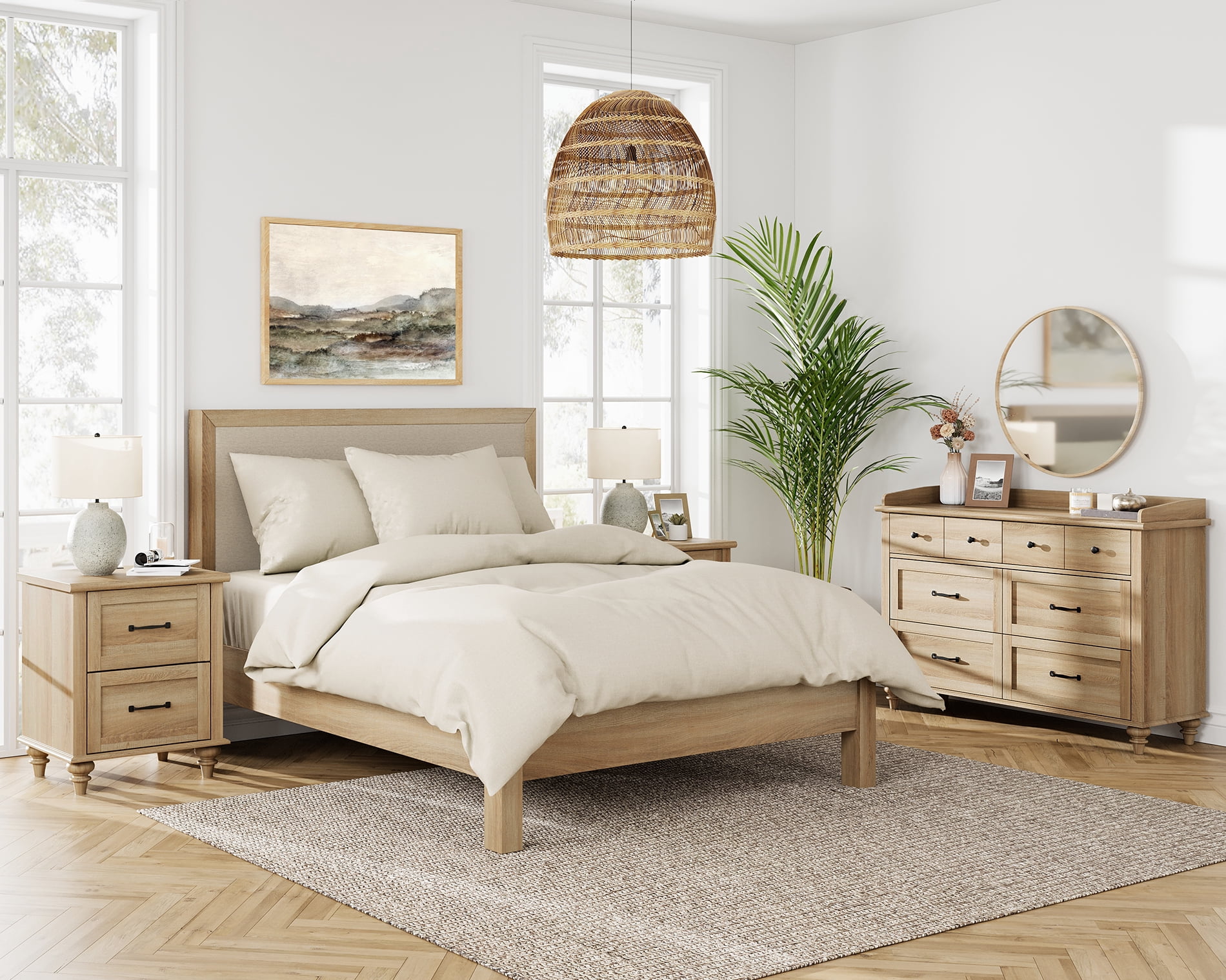 3 Piece Dresser and Nightstand Sets, Farmhouse Dresser with 6 Drawers, Set of 2 Night Stands with Charging Staion, 3 Piece Bedroom Set, Oak
