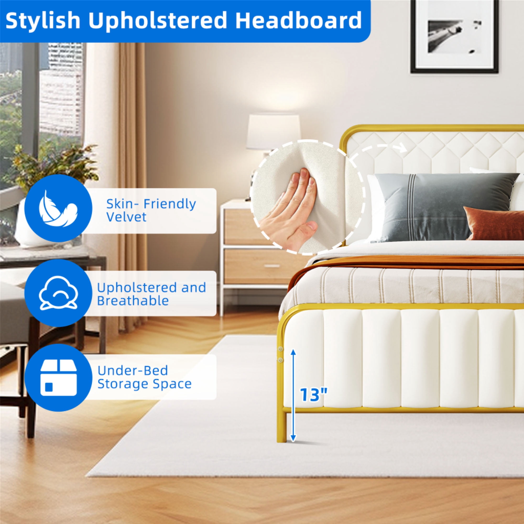 Dextrus Upholstered King Size Platform Bed Frame with Headboard, Wooden Slats Mattress Foundation with Soundproof Cotton, No Box Spring Needed, Beige