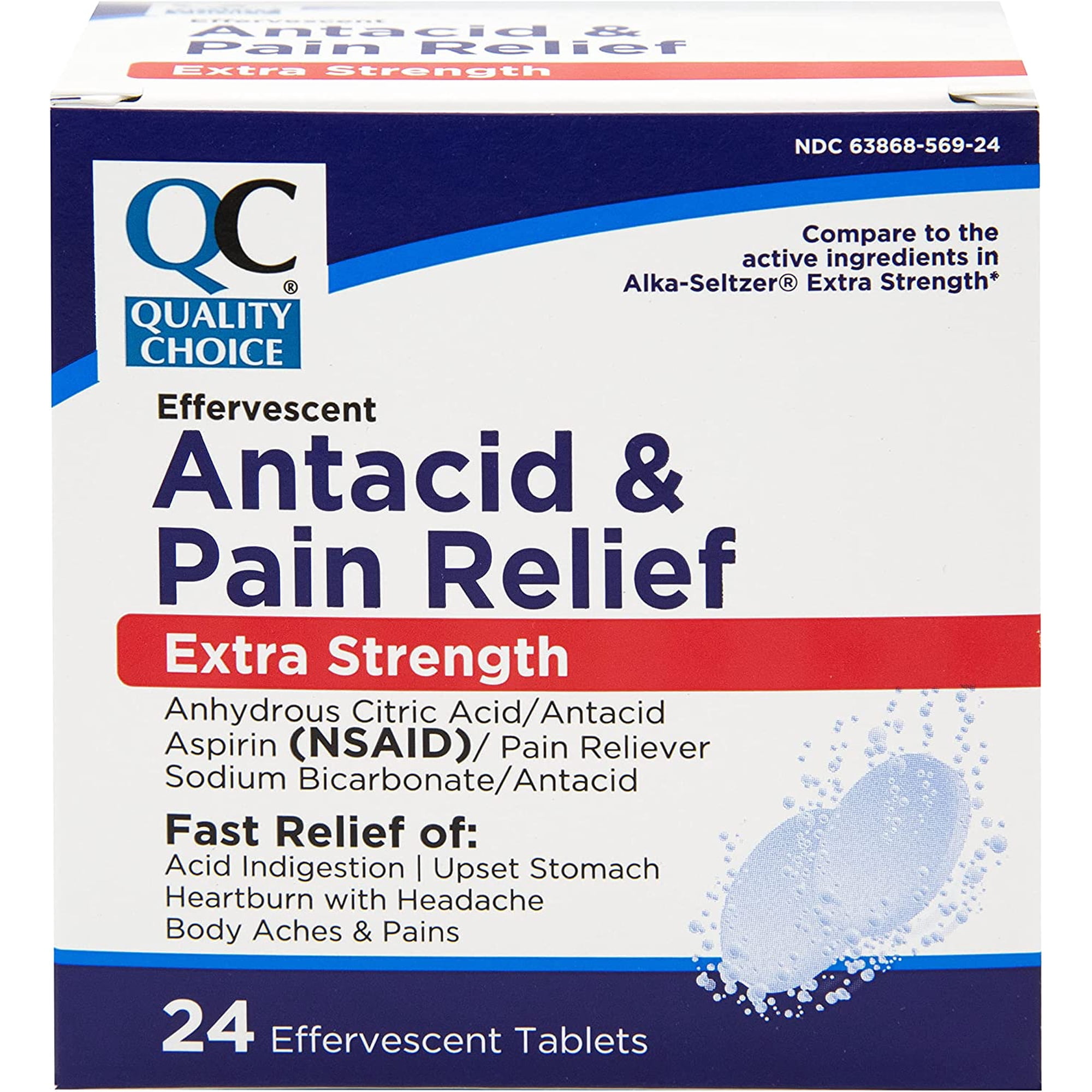 Quality Choice, Extra Strength Effervescent Antacid & Pain Relief Tablets, Relief from Acid Indigestion, Upset Stomach, Heartburn, 24 Tablets
