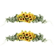 2pcs Artificial Sunflower Swag Handmade Floral Wreath Spring ornament with Eucalyptus Leaves Decorative Hanging Front Door Arch Garland for Mirror Wedding Party Decor 31 inch