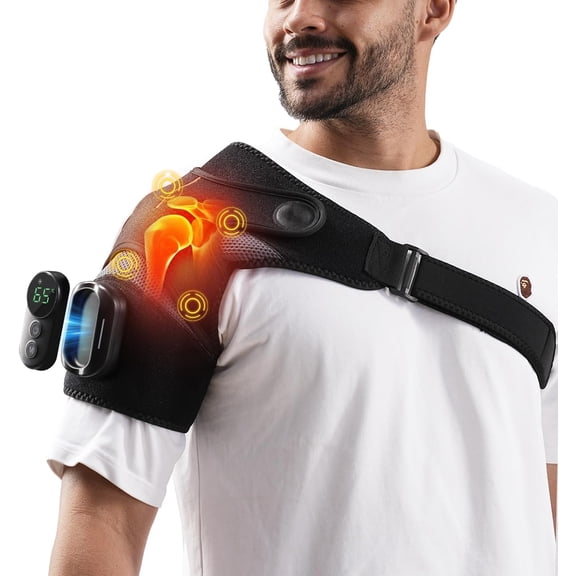 Shoulder Heating Pad with Massage, Heated Shoulder Brace Wrap with Remote Control, Cordless Shoulder Massager 5000mAh Rechargeable, 5 Heat & 5 Vibration Shoulder Brace Support for Women Men, Black