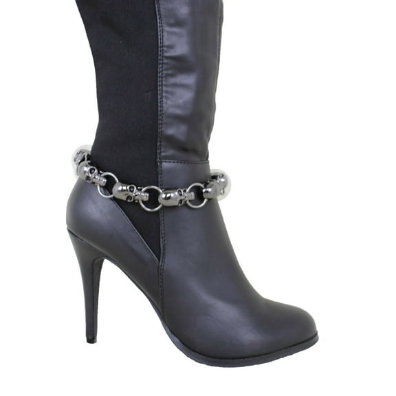 Women Gunmetal Metal Chain Boot Bracelet Shoe Skull Charm Pewter Color
