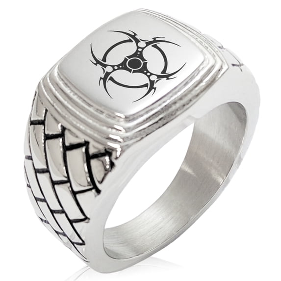 Stainless Steel Tribal Barbed Wire Biohazard Geometric Pattern Step-Down Biker Style Polished Ring