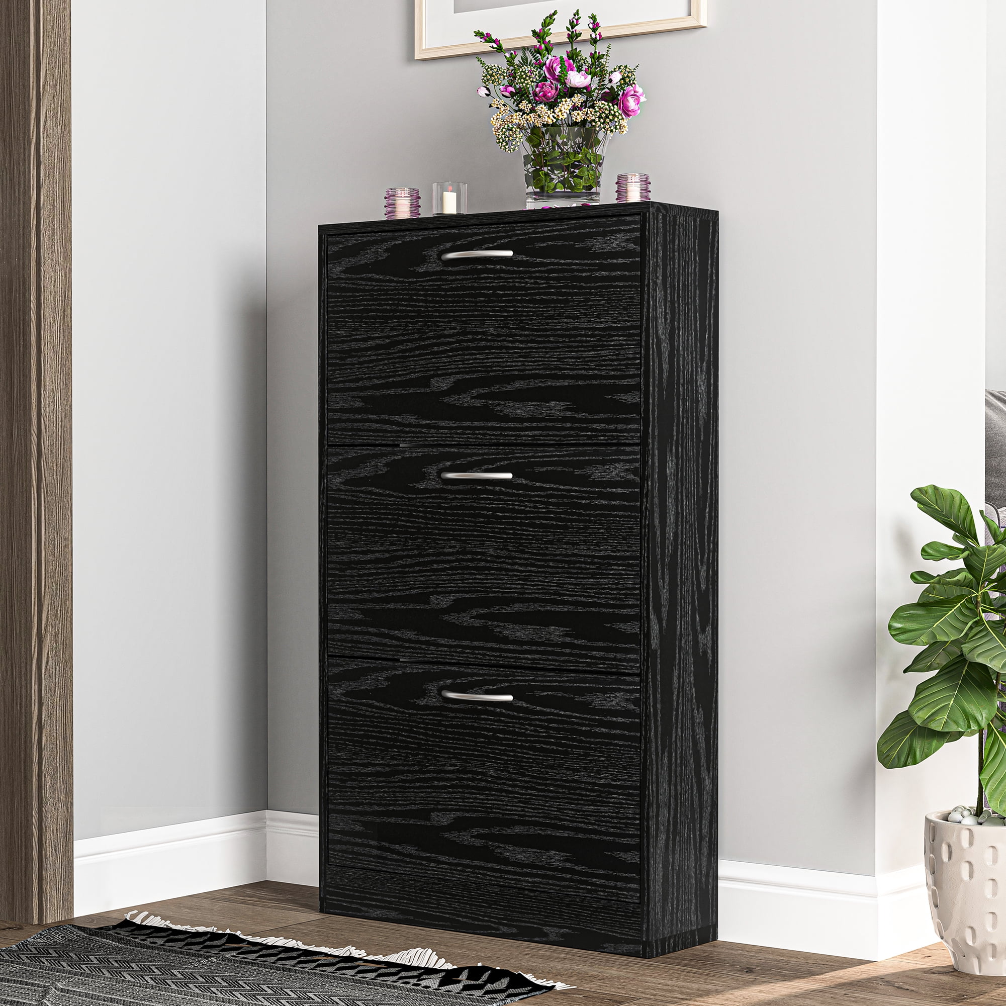 Kadyn Modern Shoe Cabinet, 3-Tier Shoe Storage Cabinet with Flip Doors, Entryway Shoe Organizer Rack for Entryway, Hallway, and Corridor, Black