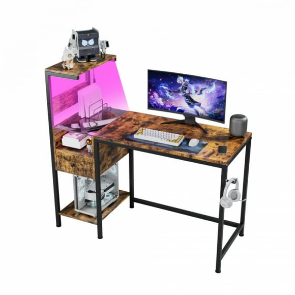 Reversible Gaming Desk with LED Lights & Power Outlets, 48 Inch Computer Desk with Storage Shelves & Drawer, RGB LED Study Writing Workstation PC Table for Home Office Gamer - Brown