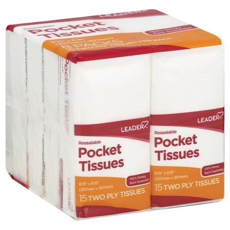 LEADER Soft 2-Ply Facial Tissues Pocket Packs, Pure Cotton, On-The-Go Travel Size, Resealable, 24 Packs of 15 (360 Tissues)