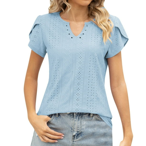 Camiseta con cuello en V y botones para mujer: top veraniego holgado con aberturas caladas; tejido suave y transpirable, fácil de cuidar