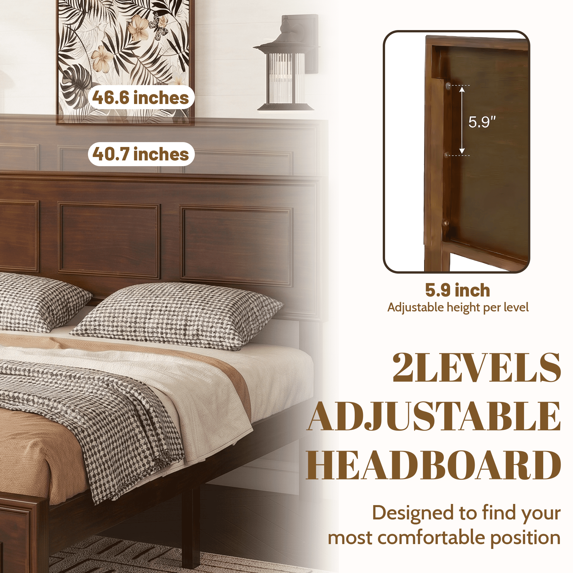 Full Bed Frame with Adjustable Height Headboard and Geometric Panel Design, Wood Platform Bed and Mattress Foundation with Strengthened Frame, Walnut