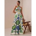 thumbnail image 6 of Green Floral Print Halter Neck Maxi Dress With Cut-Out Waist And Tiered Skirt For Vacation Party, 6 of 6