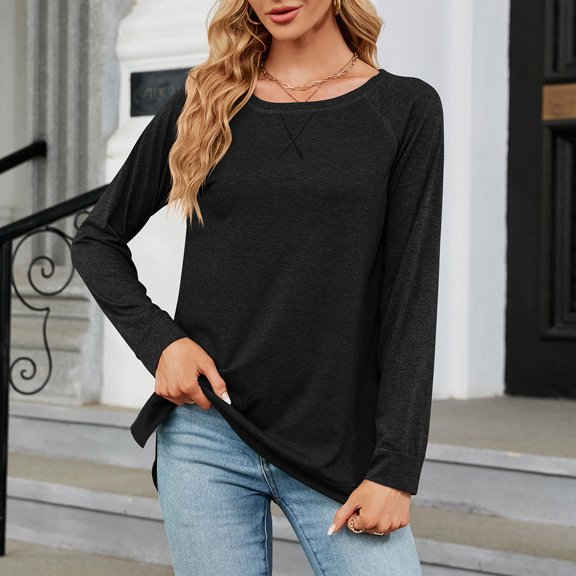 Joau Women's Long Sleeve Shirts Casual Solid Color Wide Neck Tunic Tops Quick Dry Lightweight Hiking Workout Tee Shirts Loose Blouses