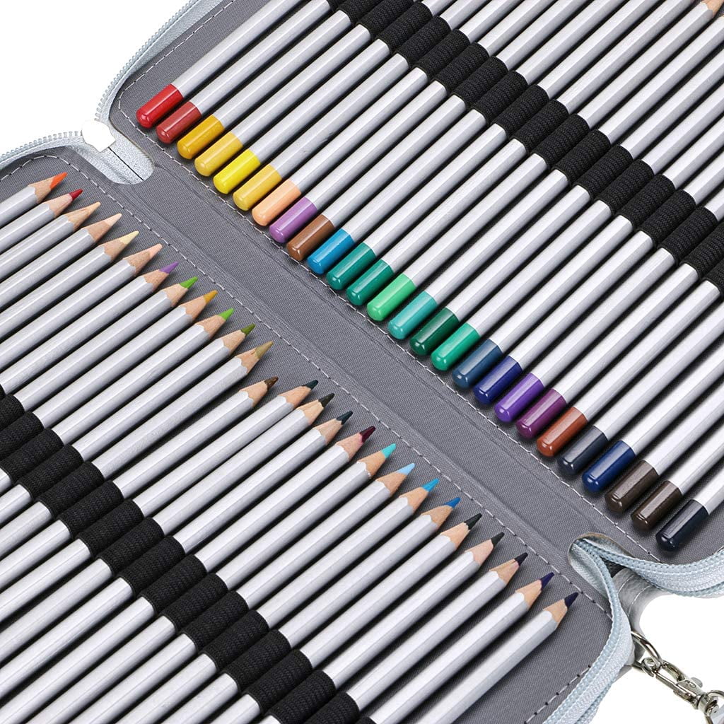 200 Slots Colored Pencil Organizer - Deluxe PU Leather Pencil Case Holder With Removal Handle Strap Pencil Box Large for Colored Pencils Watercolor Pencils Grey