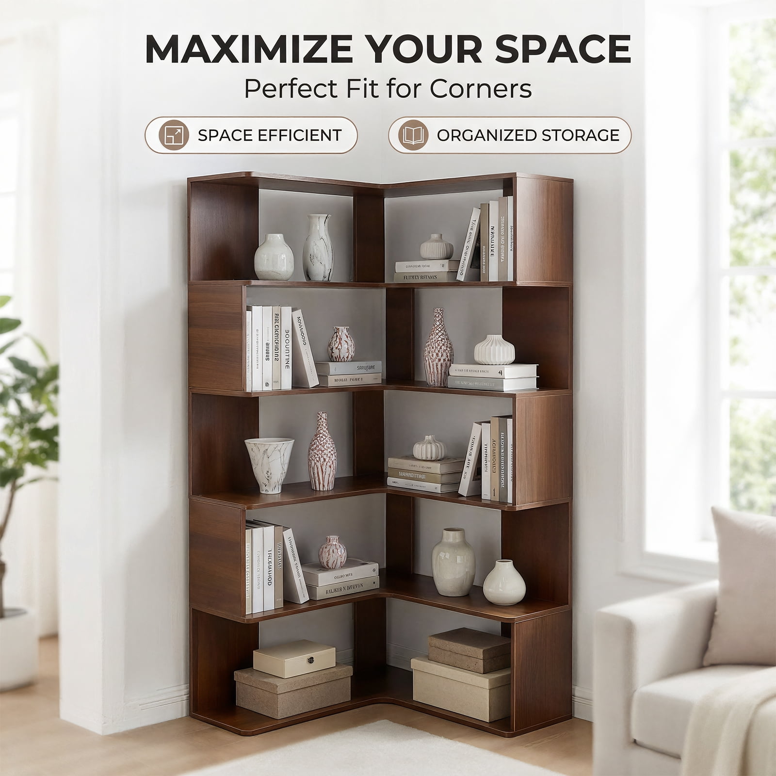 Bookshelf, 6 Tier Corner Shelf with Baffle and Anti-Tip Device, MDF Board for Living Room Bedroom Home Office Display, Walnut Finish