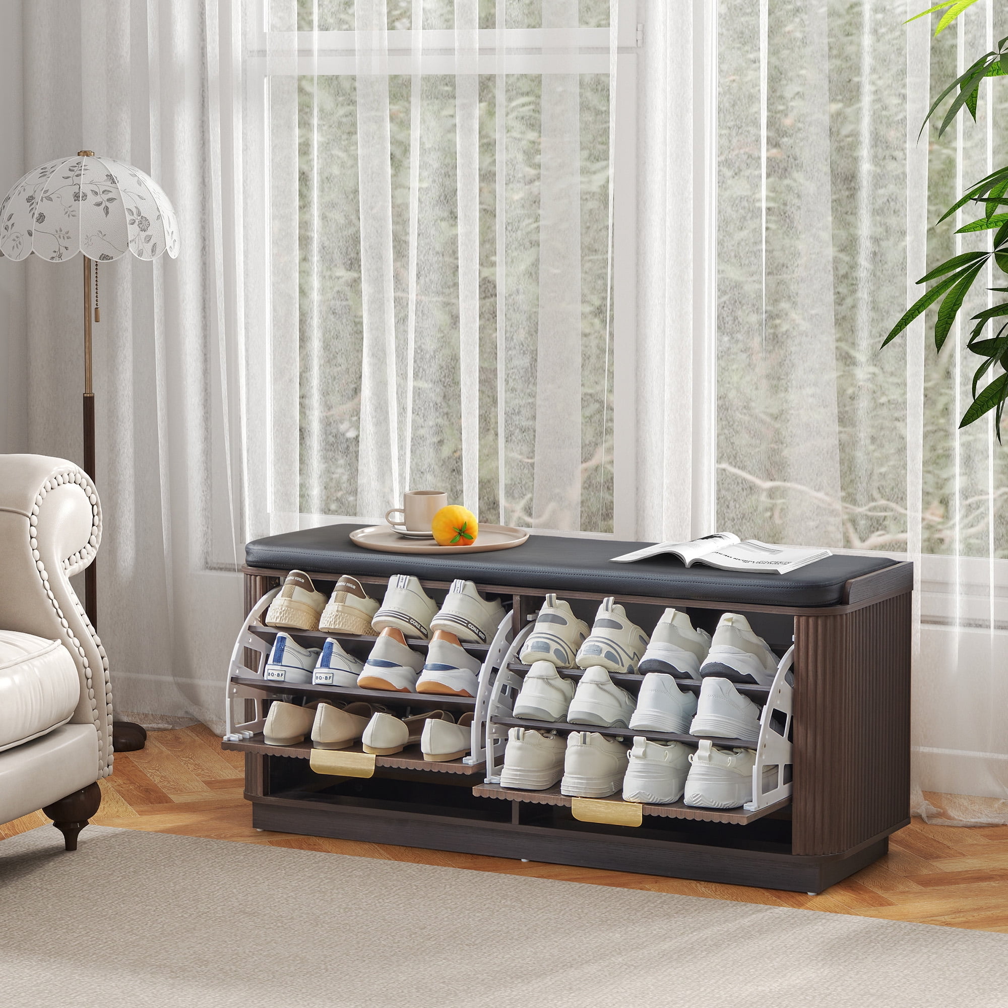 Wirrytor Fluted Shoe Storage Bench with Cushion and 2 Flip Drawers, 3-Tier Wooden Entryway Bench Shoe Organizer for Hallway Bedroom, Black