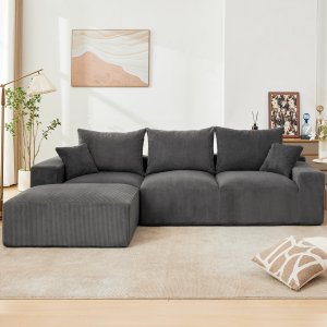 Modular Sectional Sofa with 2 Throw Pillows, 110 Inch Oversized Deep Seat L-Shaped Couch, Modern Grey Chenille Floor Sofa, Comfy Cloud Sleeper Sofa for Living Room, Bedroom, Office ﻿ ﻿ ﻿